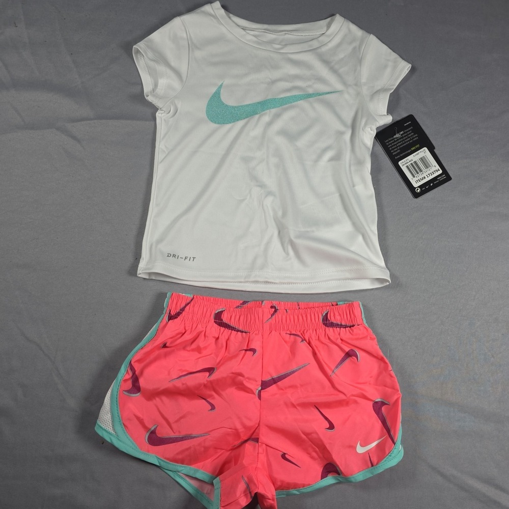 Nike Dri-Fit Little Girl's 2-Piece Graphic Tee & Short Set 3T Sunset Pulse - Picture 4 of 12